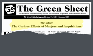 Torn page from The Green Sheet, featuring the article written by Anthony L. Ogden, “Curious Effects of Mergers and Acquisitions.”