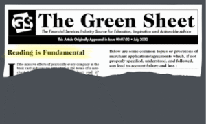 Torn page from The Green Sheet featuring ‘Reading is Fundamental’—emphasizing the importance of understanding merchant agreements to prevent account failure and loss.